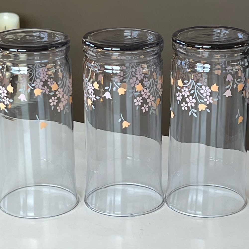 VTG Libbey LRS119-Smoke flat top tumblers, glass coolers 14 oz pink/peach floral